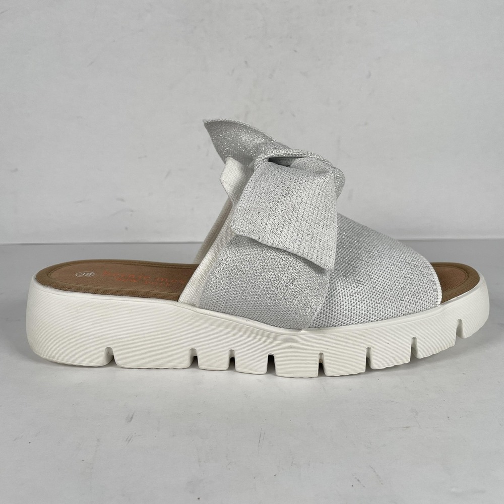 Bernie Mev Shoes Womens Size 39 Silver Platform Slide Sandals Bow Slip On Casual